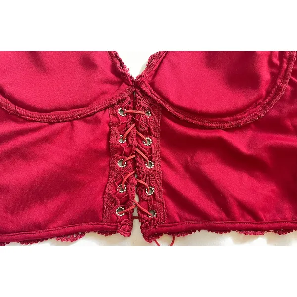 Red Lace Corset Crop Top – Zipper Back, Faux Leather Tie - Image 8