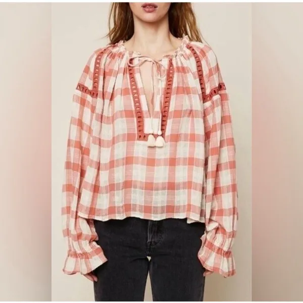 Free People Boho Fall‎ Plaid Honey Grove Top Size Small - Image 3
