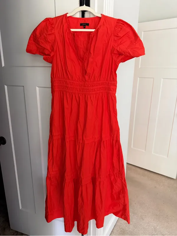 Quince 100% Organic Cotton Poplin Tiered Maxi Dress short sleeve Vermillion Red - Image 2