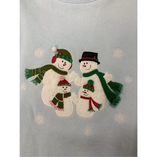 Vintage Christmas Snowman Blue Pullover Top Medium Grandmacore Winter Holiday - Image 8