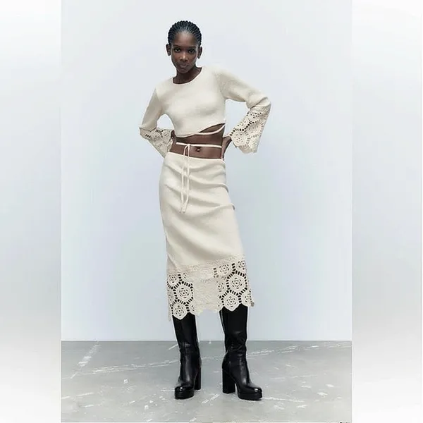 Zara Women's Cream Ecru Crochet Knit Boho Long Sleeve Cut Out Crop Top Size S - Image 10