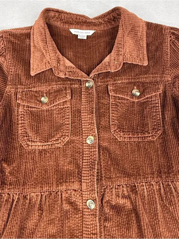 American Eagle Brown Corduroy Tiered Shirt Dress XS Button Front Fall - Image 2