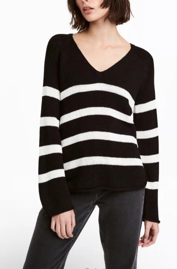 Long Sleeve V-neck Raglan Sleeve Black & White Stripe Oversized Fit Sweater - Image 2
