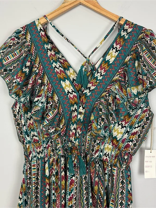 Boemo Ruffle Hem Mini Aztec Geometric Print Dress Flutter Sleeve Size Large NWT - Image 5