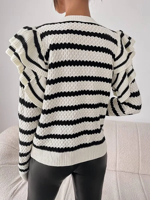 Shein Ruffle Shoulder Striped Knit Sweater - Image 2