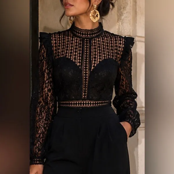 Hello Molly Not That Easy Black Long Sleeve Crochet Bodysuit - Image 6