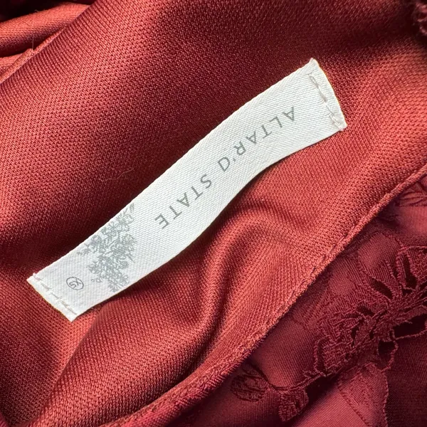 Altar'd State Burgundy Floral Jacquard Puff Sleeve Mini Dress XS‎ Red Satin Tie - Image 5