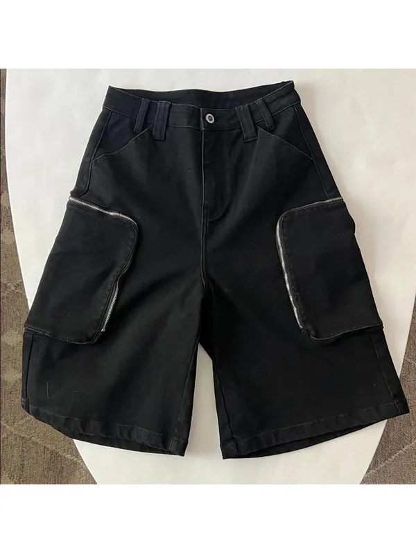 Black Y2K Skater Grunge Goth Edgy Long Cotton Denim Bermuda Shorts Zip Cargo S - Image 2