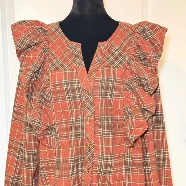 Entro Rust Plaid Wool Blend Ruffle Shoulder Top Large Boho Fall Contemporary - Image 2