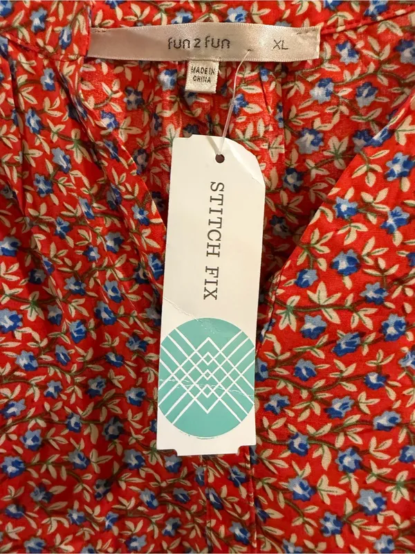 fun 2 fun Red Floral Short-Sleeve Blouse with Blue & White Accents - Image 3