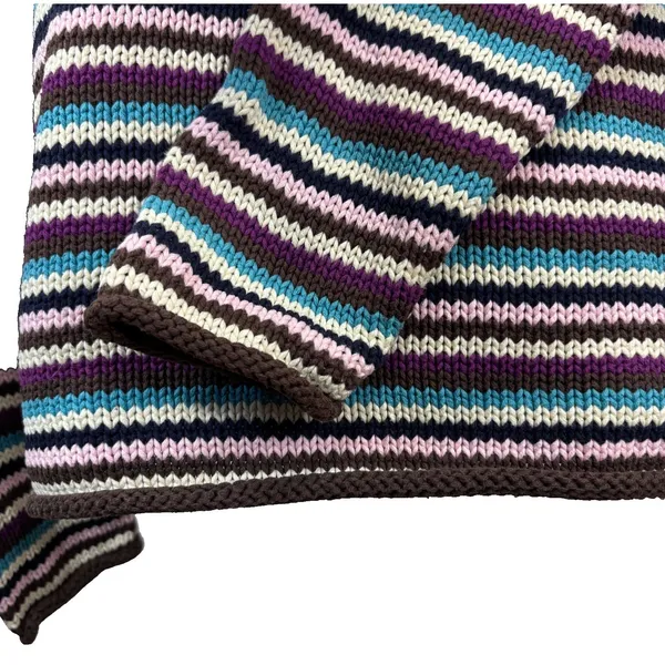 Striped Chunky Knit Turtleneck Sweater Earthy Rolled‎ Edges Cottage Casual Sz M - Image 3