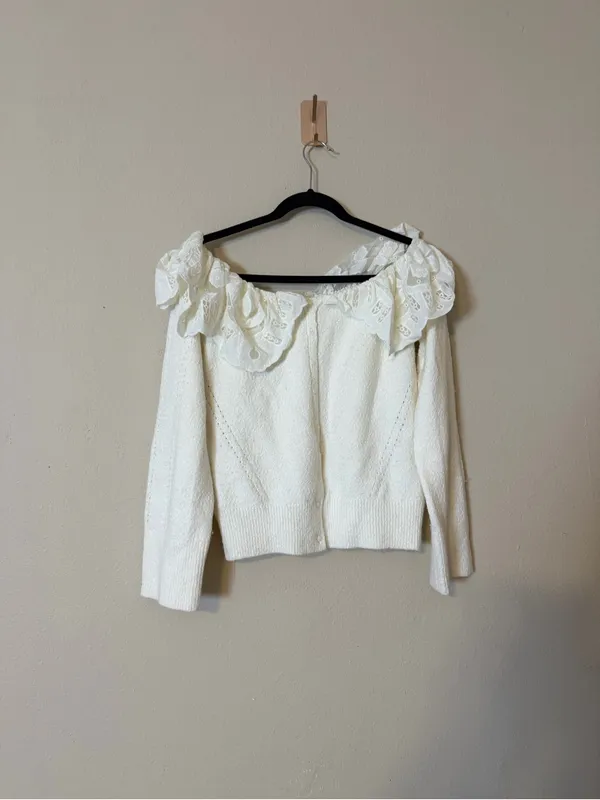 Maeve‎ Anthropologie Lace Collar Off Shoulder Cardigan Sweater Ivory Size Medium - Image 3