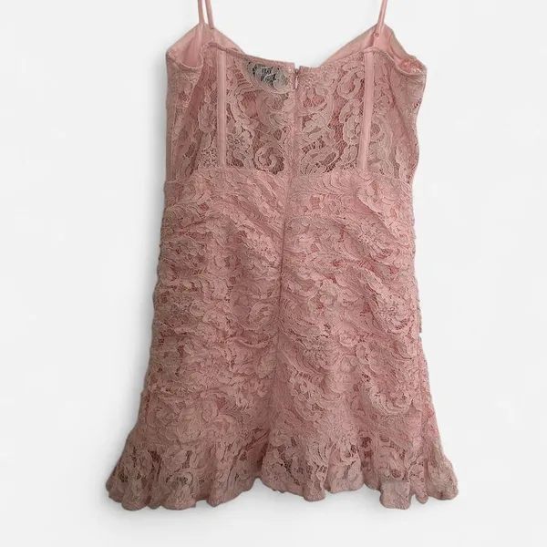 Bardot Danni Lace corset waist mini dress with frill hem in soft pink lace M - Image 7