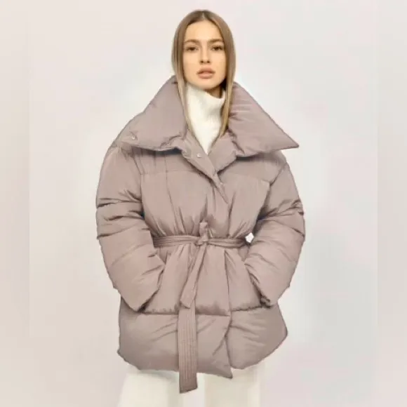 ASOS Taupe tie belt belted puffer jacket coat - Image 4