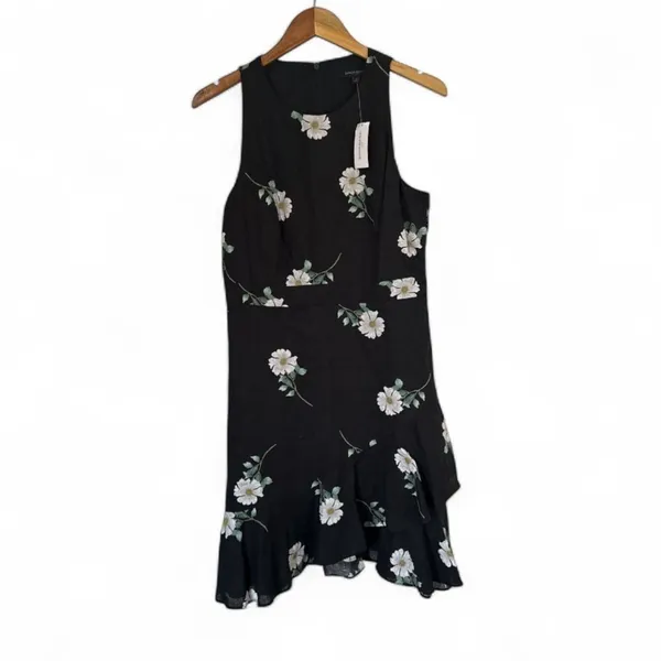 Banana Republic Black Floral Sleeveless Linen Fit Flare‎ Ruffle Hem Dress Size 8 - Image 2