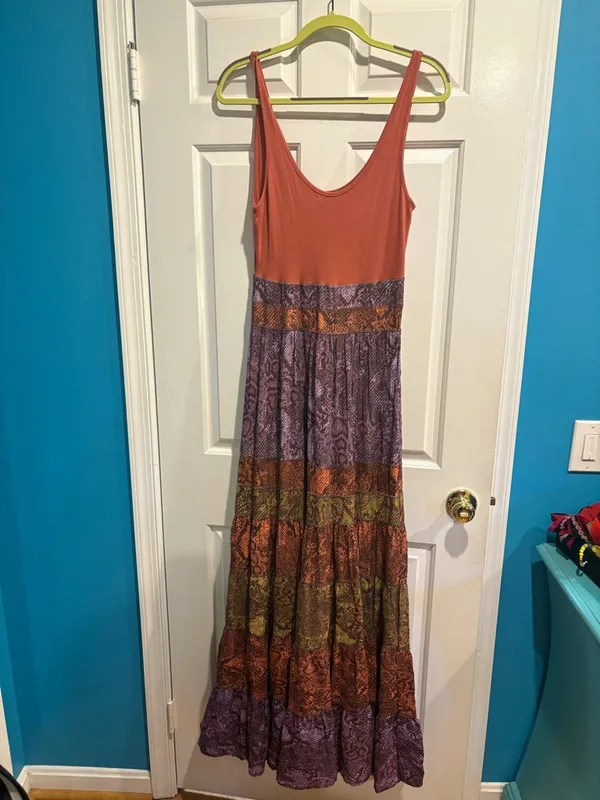 Anthropologie Colima maxi dress snakeskin print burnt orange purple tiered S - Image 3