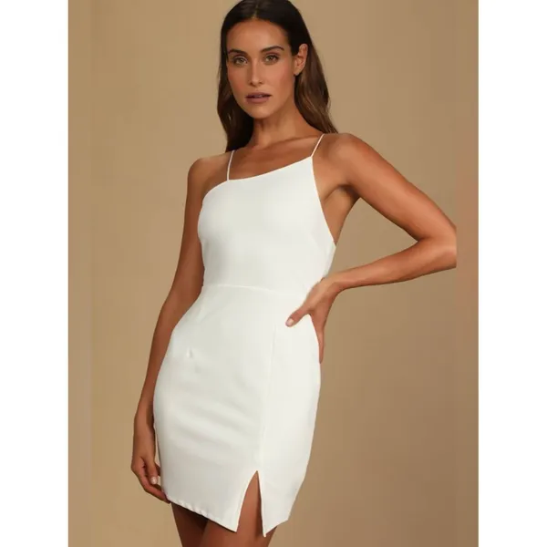 Lulus Party for Two Ivory Asymmetrical Bodycon Mini Dress Size Large Bridal Sexy - Image 3