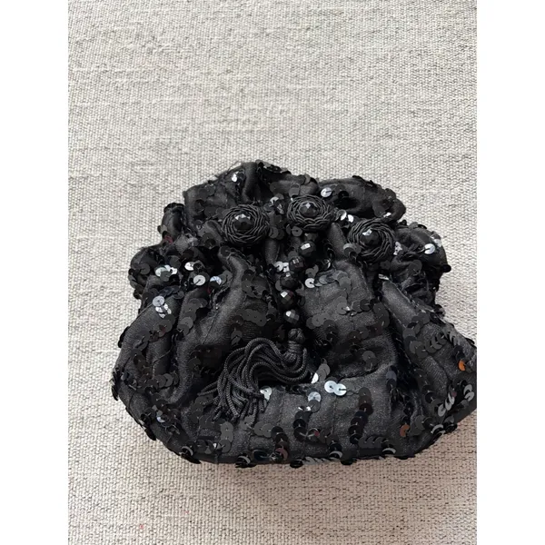 Sparkly Black Sequin Ruched Drawstring Evening‎ Bag - Image 7