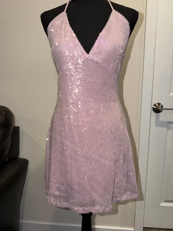 BRAND NEW Windsor Sparkling Sequin Halter Mini Dress in Light Pink - Image 2
