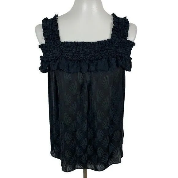 Anthropologie Black Smocked Ruffle Strap Sleeveless Textured‎ Boho Tank Top S - Image 2