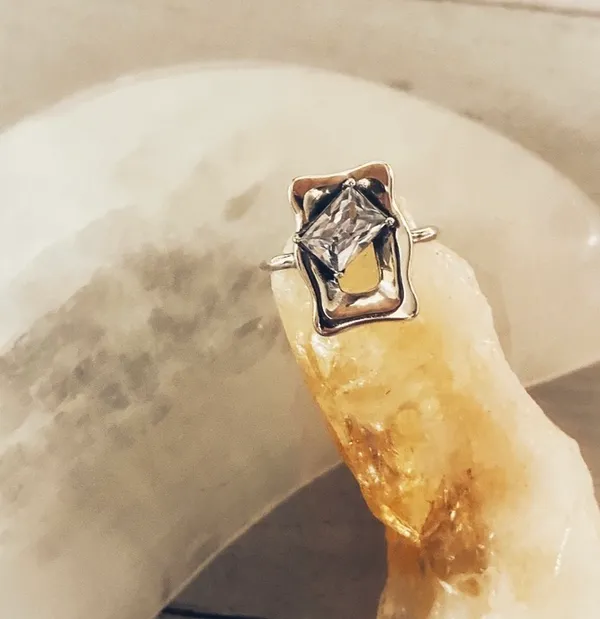 Womens Sterling Silver Geometric Glass Stone Adjustable Ring - Image 2