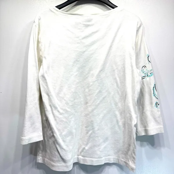 Chico’s Additions White with Teal & Black Flower 3/4 Sleeve 100% Cotton Top - Image 3