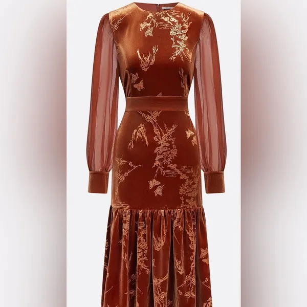 Fehaute Velvet Crew Neck Mermaid Midi Dress 12 Brown/Rust NWT IN PACKAGE - Image 7