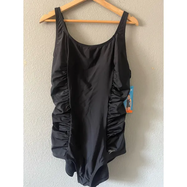 New‎ Speedo Black Shirred Ruched Sides Tank One Piece Bathing Swim Suit - Image 2