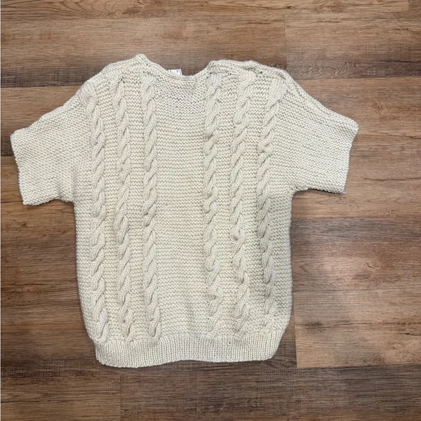 Cream Cable Knit Short-Sleeve Sweater homemade knit womens size xs ptp 17” L 24” - Image 6