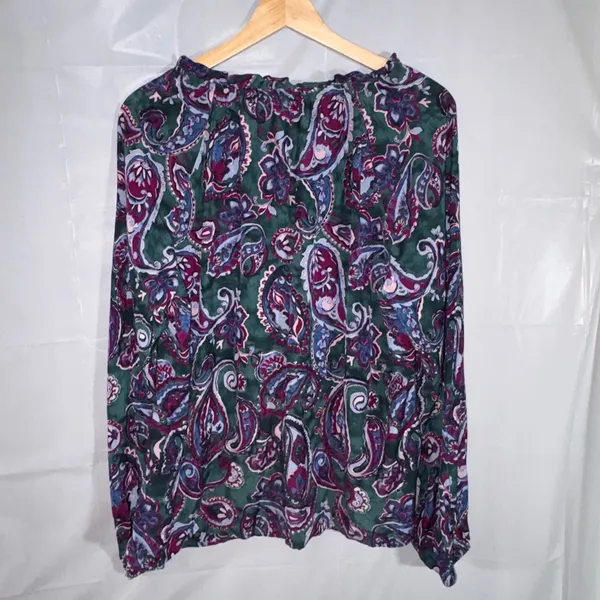 Talbots Womens Large Paisley Ruffle V-Neck Blouse Green Purple Long Sleeve Top - Image 2