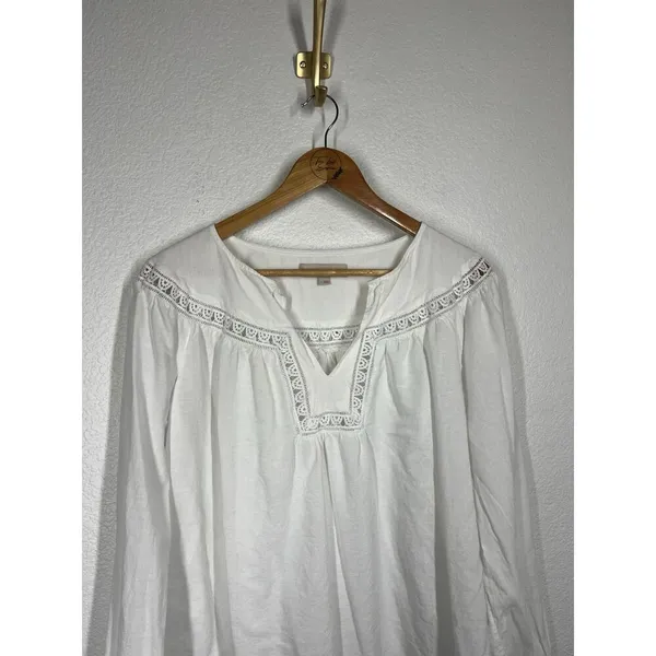 Loft White Lace Detail Blouse Large Long Sleeves Relaxed Flowy - Image 3