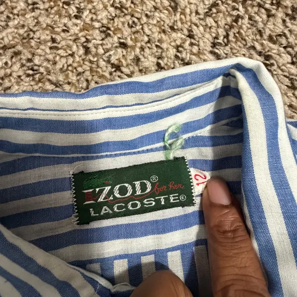 Vintage Izod Lacoste Blue White Striped Button Down Shirt Womens 12 Preppy Logo - Image 2