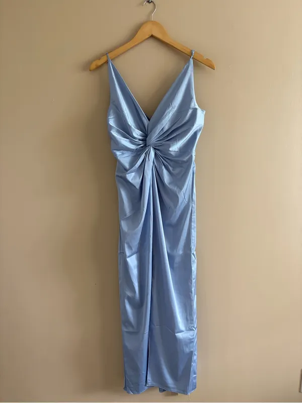 Abercrombie & Fitch Draped Twist-Front Maxi Dress Satin Blue size small Formal - Image 5