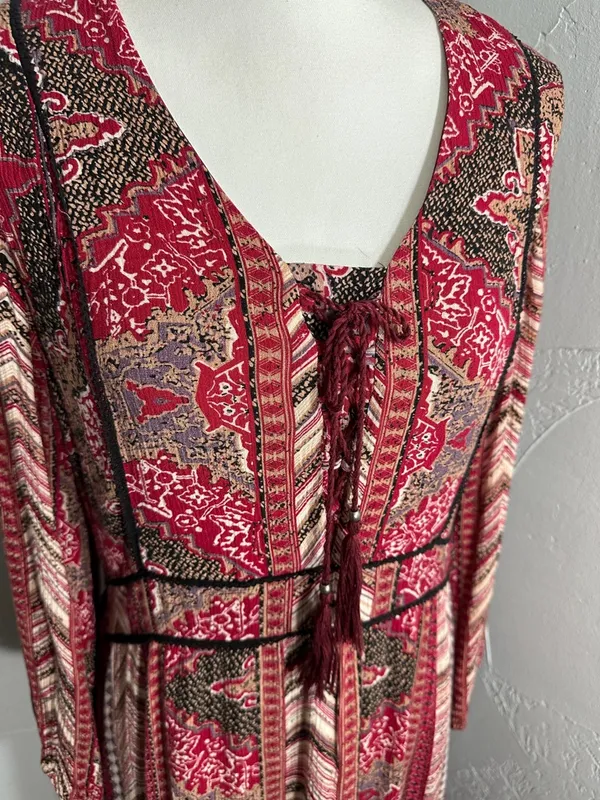 Reba Red & Brown Boho Tie-Front Long-Sleeve Midi Dress - Image 4