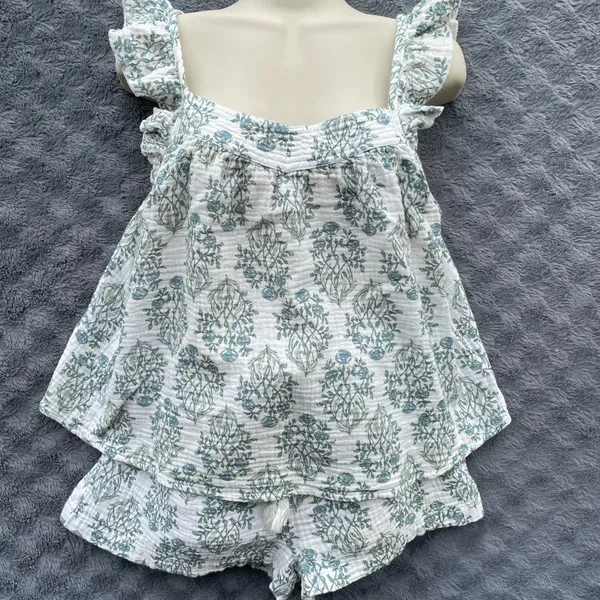 Rachel Zoe Floral Pajama Set 2 Pc Cotton Shorts Top Blue Green floral White M - Image 15