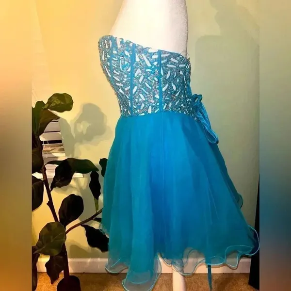 NWT Narianna Corset Back Blue Strapless Tulle Babydoll Dress - Image 4