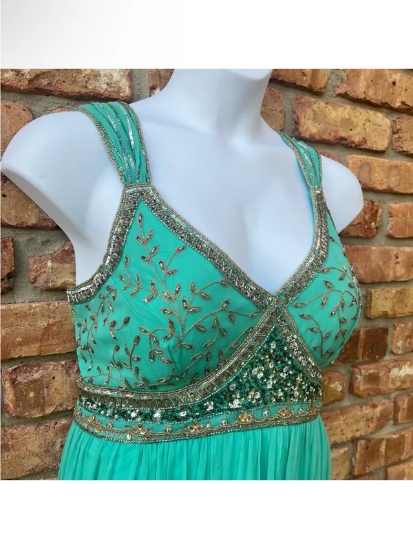 Vintage Stenay Green Gold Beaded Silk Fit & Flare Pleated Midi Dress Size 14 - Image 13