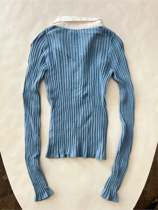 JJ Basics Vintage 90s Aqua Blue Thick Ribbed White Collar Longsleeve Top Large - Image 2