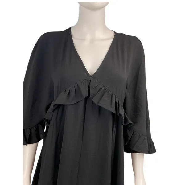 Entro Black Ruffled 3/4 Sleeve V Neck Babydoll ‎ Tiered Short Dress NWT Size M - Image 5