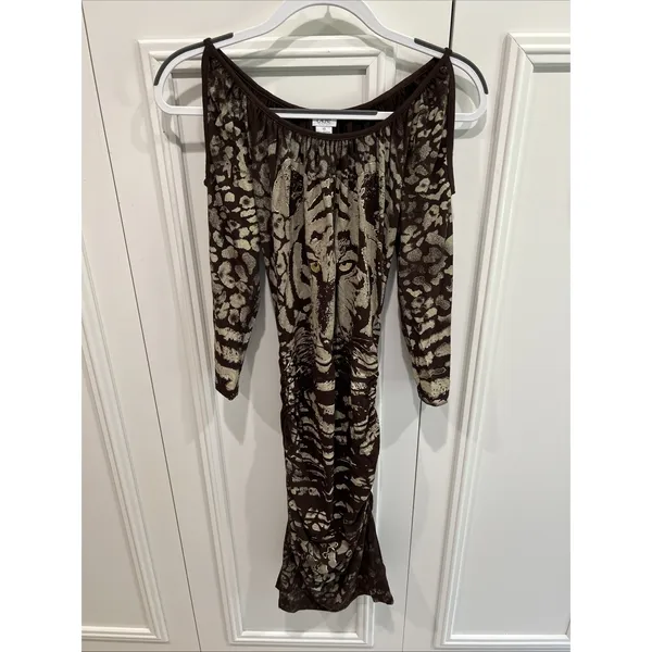 Vintage Cache Tiger Face Bodycon Dress Fierce Wild Brown & Gold‎ Ruched Stretch - Image 2