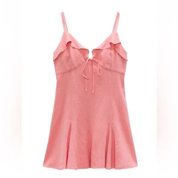 NWT Zara Coral Pink Linen Blend Mini Dress Ruffle Tie Front Size Small - Image 4