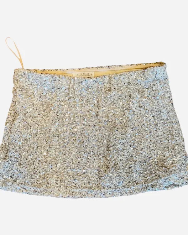 12th Tribe Micro Sequin Mini Skirt Pull On Lined M Silver - Image 5