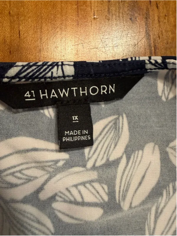 41 Hawthorn Womens 1X Faux Wrap Dress Navy Blue White Leaf Print Short Sleeve Mi - Image 7