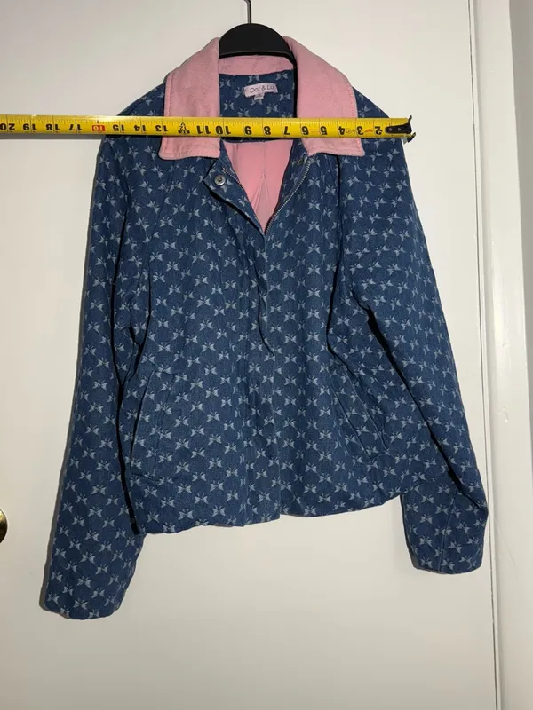 Anthropologie Dot & Lu Quilted Blue Floral Jacket Pink Collar Missing Zipper - Image 5