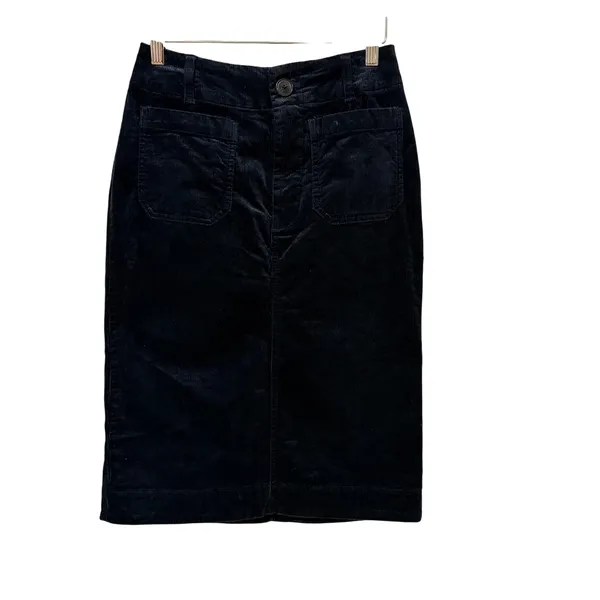Maeve Anthropologie Navy Blue Corduroy Pencil Skirt XS High Waist Patch Pocket - Image 2