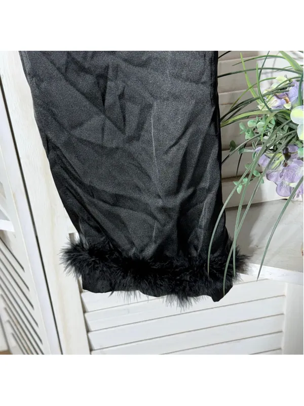 Vintage Y2K black satin pants faux fur ankles wide leg elastic waist whimsigoth - Image 5