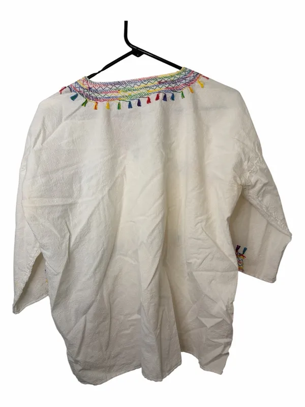 Embroidered White Cotton V-Neck Tunic with Multicolor Tassel Accents - Image 2