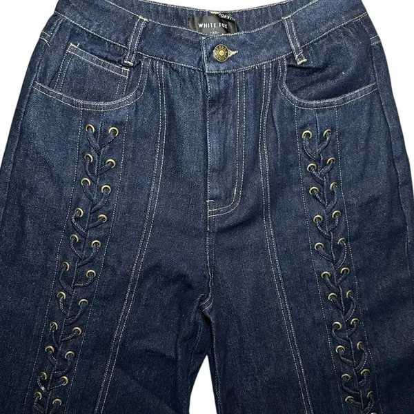 NWT White Fox Serenity Mid / High Rise Lace Up Wide Leg Dark Wash Denim XS Y2K - Image 3