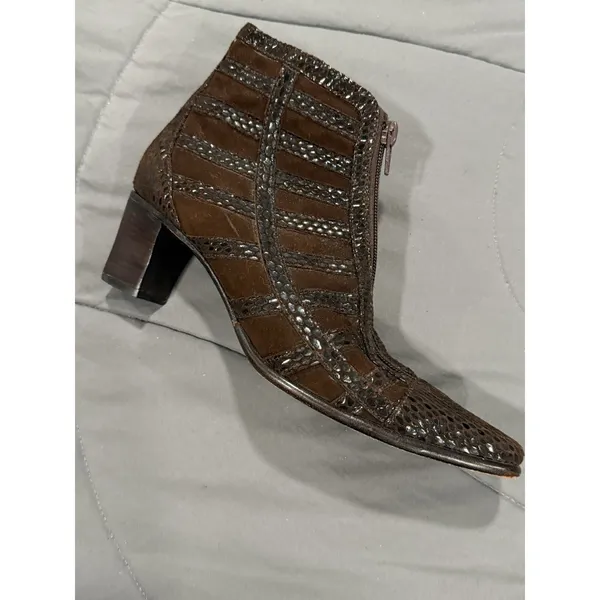 Italian Brown Suede & Snake Embossed Leather Ankle Bootie Women’s Size 7 - Image 6