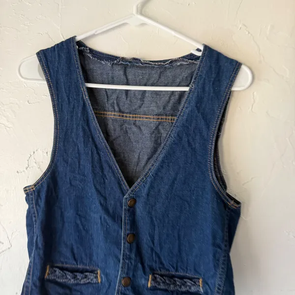 Womens Dark Wash‎ Denim Vest Sleeveless Jean Button Up Braided Pockets S Western - Image 2